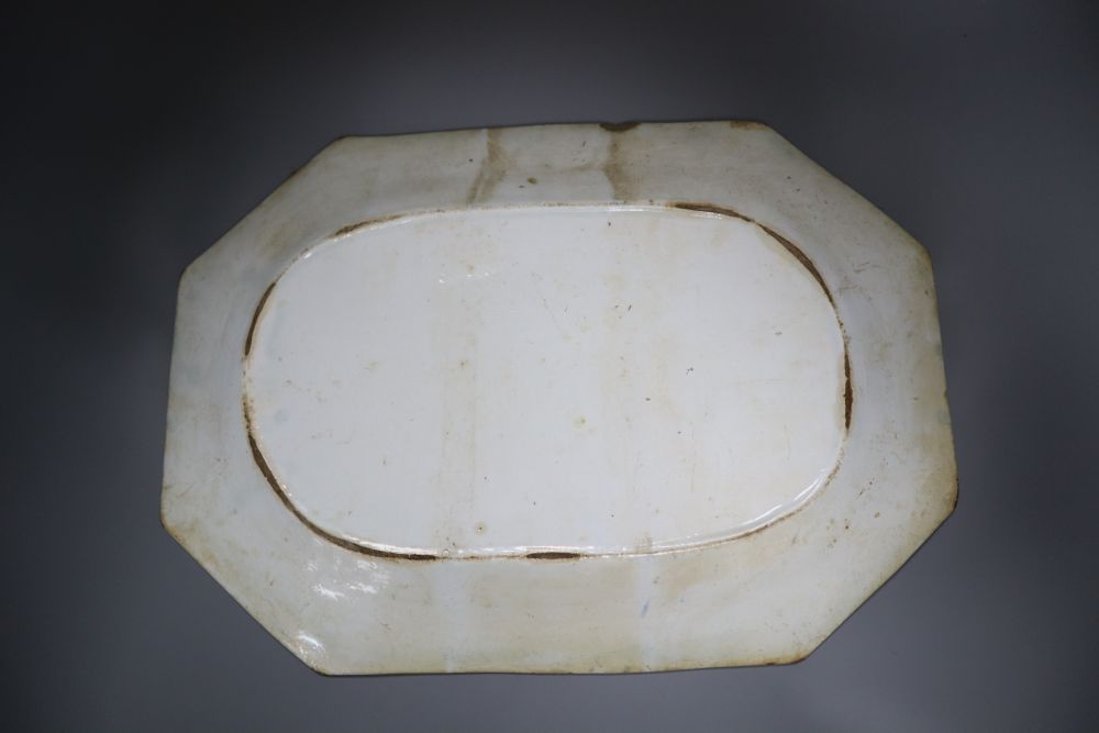 An 18th century bow octagonal blue and white meat plate, perhaps Bow, 38cm wide